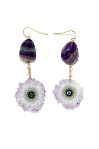 Amethyst Stalactite Slice & Fluorite 14K Gold One-of-a-Kind Earrings - Passion