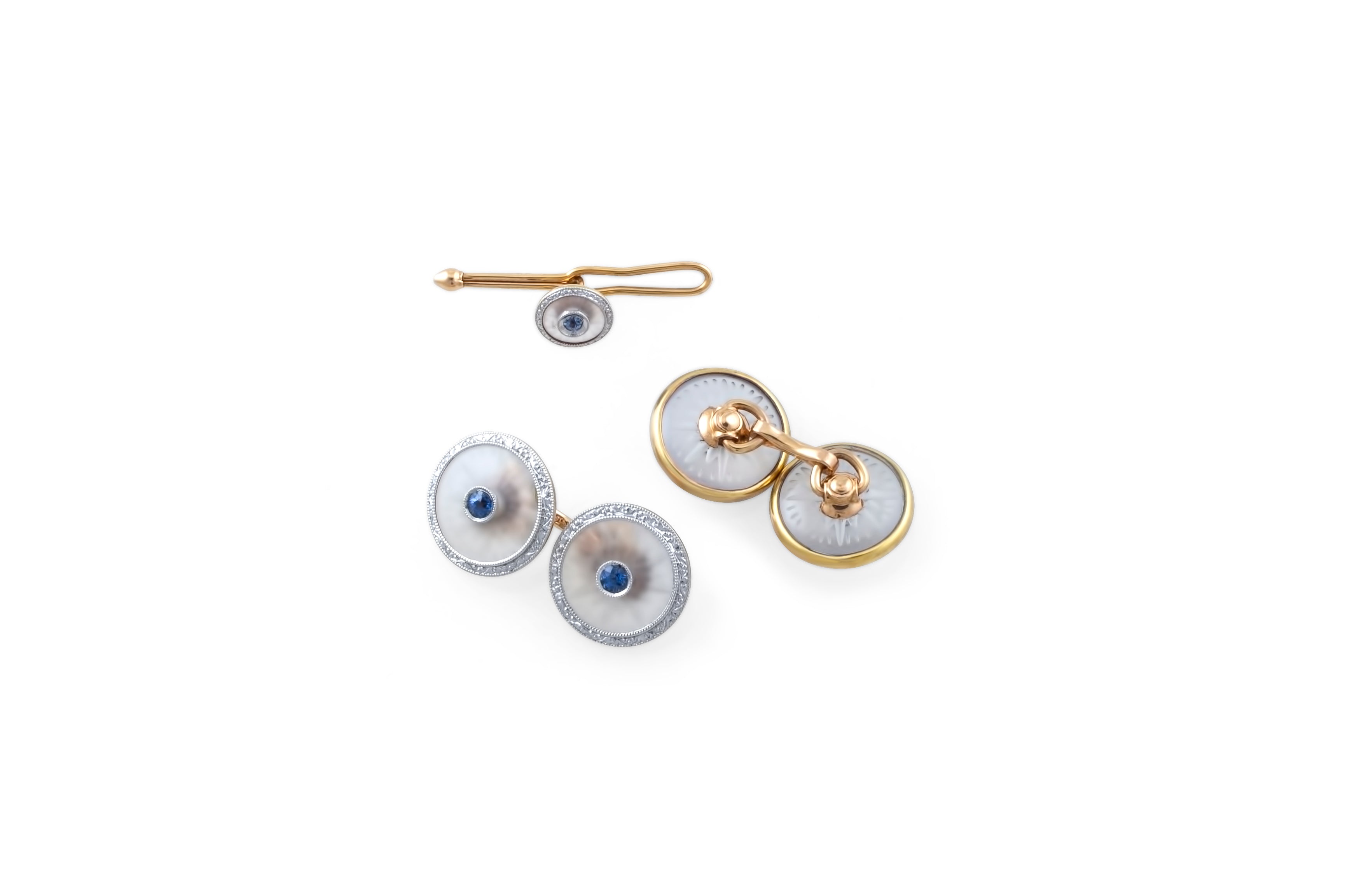 Etched Crystal, Sapphire 14K White and Yellow Gold Art Deco Formal Set