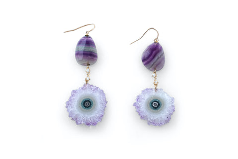 Amethyst Stalactite Slice & Fluorite 14K Gold One-of-a-Kind Earrings - Passion