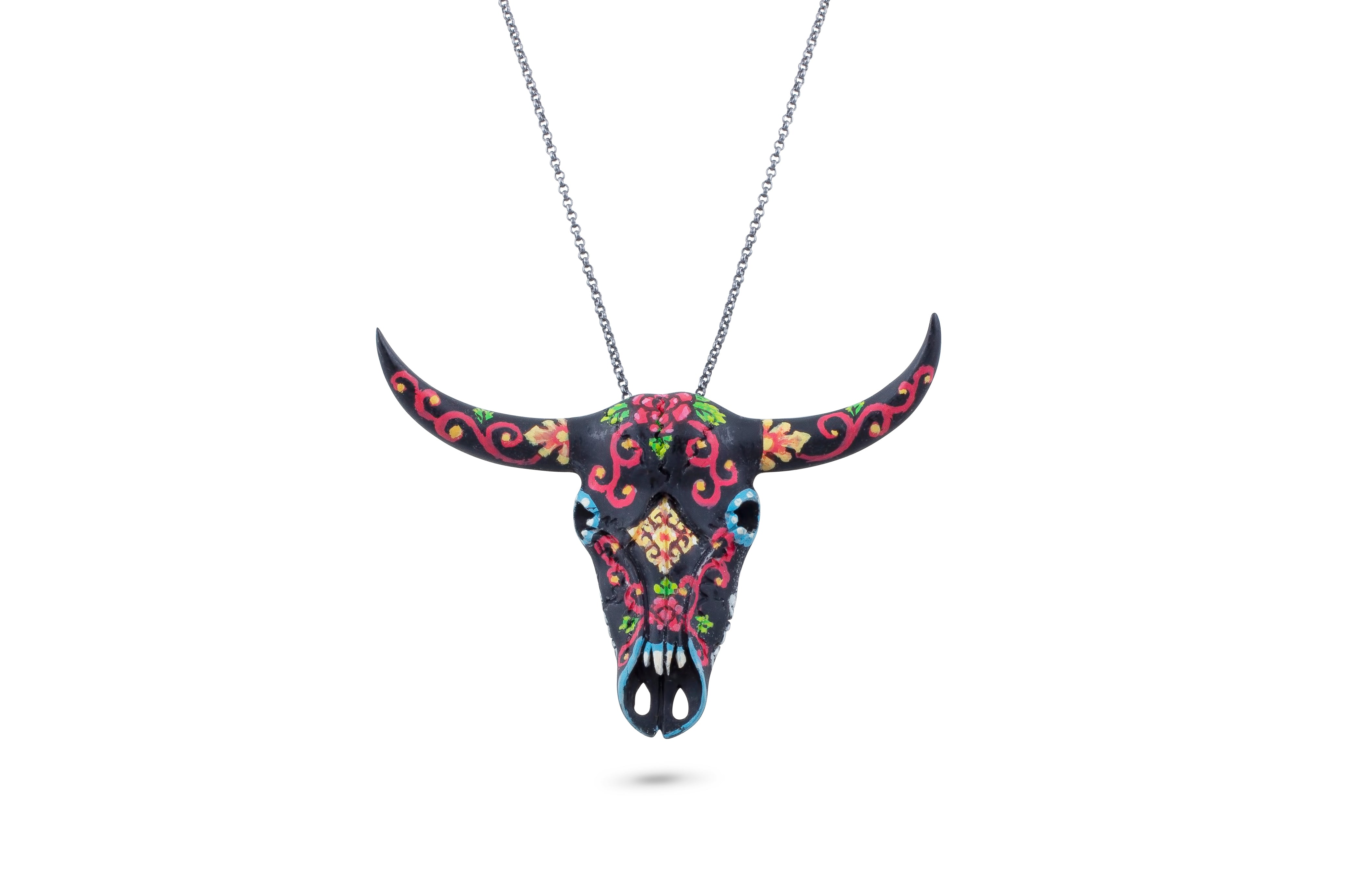 Hand Carved & Painted Steer Skull Pendant - God of the Great Mystery