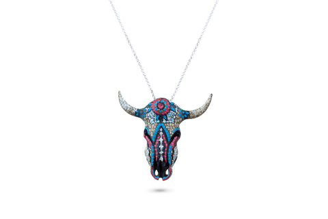 Patecatl Aztec God of Medicine Hand Carved & Painted Steer Skull Pendant